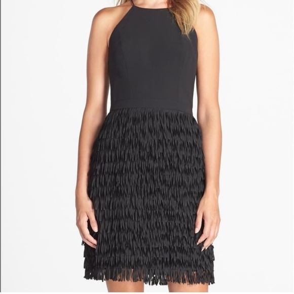 Aidan Mattox Dresses & Skirts - Aidan Mattox / Black Tiered Fringed Georgette-paneled Crepe Mini halter Dress 0
